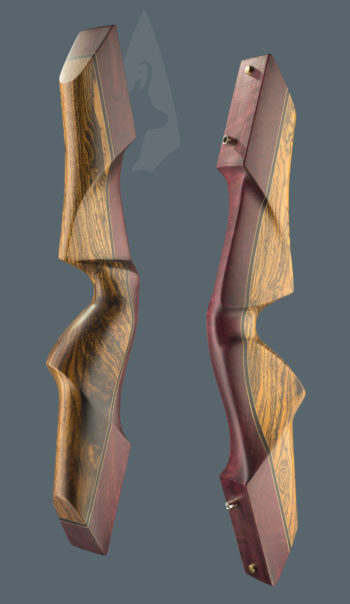 Riser dell'arco tradizionale ricurvo Testarossa realizzato con legni di Amaranto e Bocote